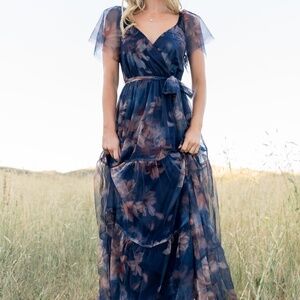 Baltic Born Nicola Tulle Maxi Dress | Dark Blue Floral Size LL